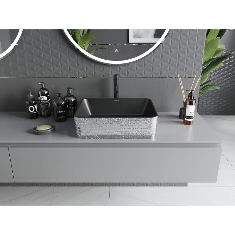 Mexen Catia umyvadlo na desku 48 x 37 cm, černá mat/stříbrný šupinový vzor - 21314872