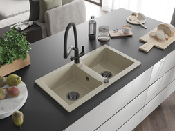 Mexen Mario žulový dřez 2-komorový s kuchyňskou baterií Duo, béžový - 6504-69-671701-70-B