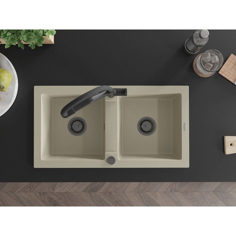Mexen Mario žulový dřez 2-komorový s kuchyňskou baterií Duo, béžový - 6504-69-671701-70-B