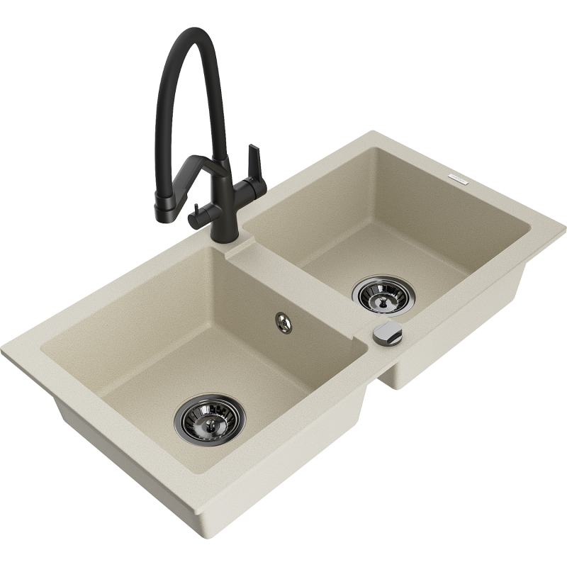 Mexen Mario žulový dřez 2-komorový s kuchyňskou baterií Duo, béžový - 6504-69-671701-70-B