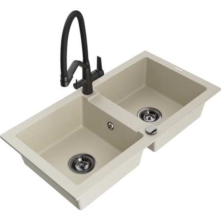 Mexen Mario žulový dřez 2-komorový s kuchyňskou baterií Duo, béžový - 6504-69-671701-70-B