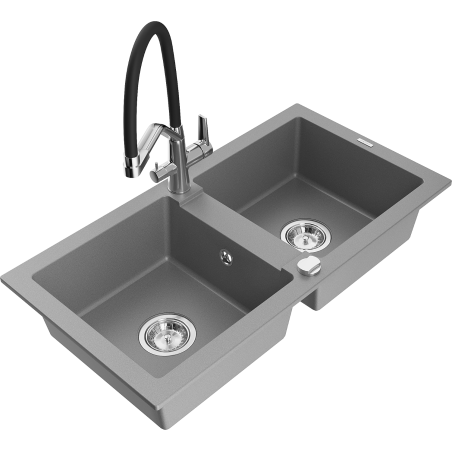 Mexen Mario granitový dřez dvoukomorový s kuchyňskou baterií Duo, šedý - 6504-71-671701-07