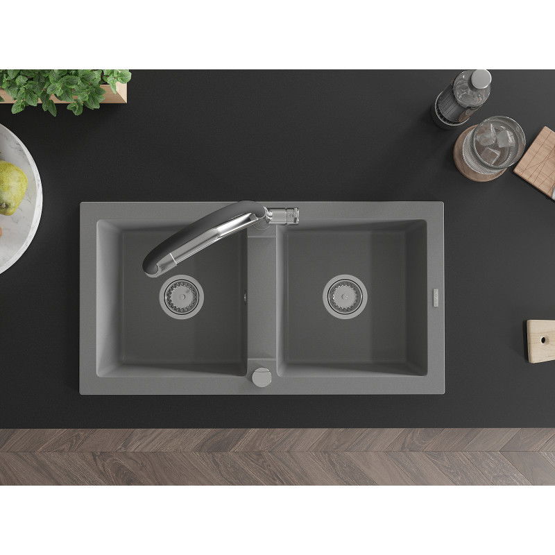 Mexen Mario granitový dřez dvoukomorový s kuchyňskou baterií Duo, šedý - 6504-71-671701-07