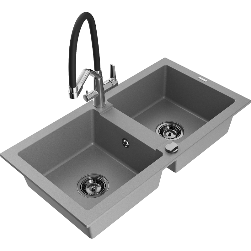 Mexen Mario dvoukomorový žulový dřez s kuchyňskou baterií Duo, šedý - 6504-71-671701-07-B