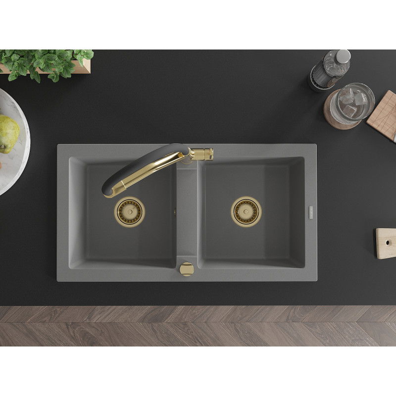 Mexen Mario žulový dřez s 2 komorami a kuchyňskou baterií Duo, šedý - 6504-71-671701-57-G
