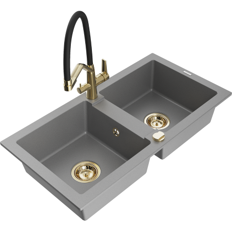 Mexen Mario žulový dřez s 2 komorami a kuchyňskou baterií Duo, šedý - 6504-71-671701-57-G