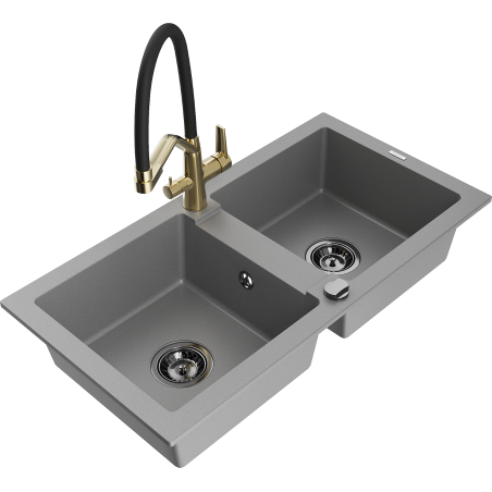 Mexen Mario granitový dřez 2-komorový s kuchyňskou baterií Duo, šedý - 6504-71-671701-57-B