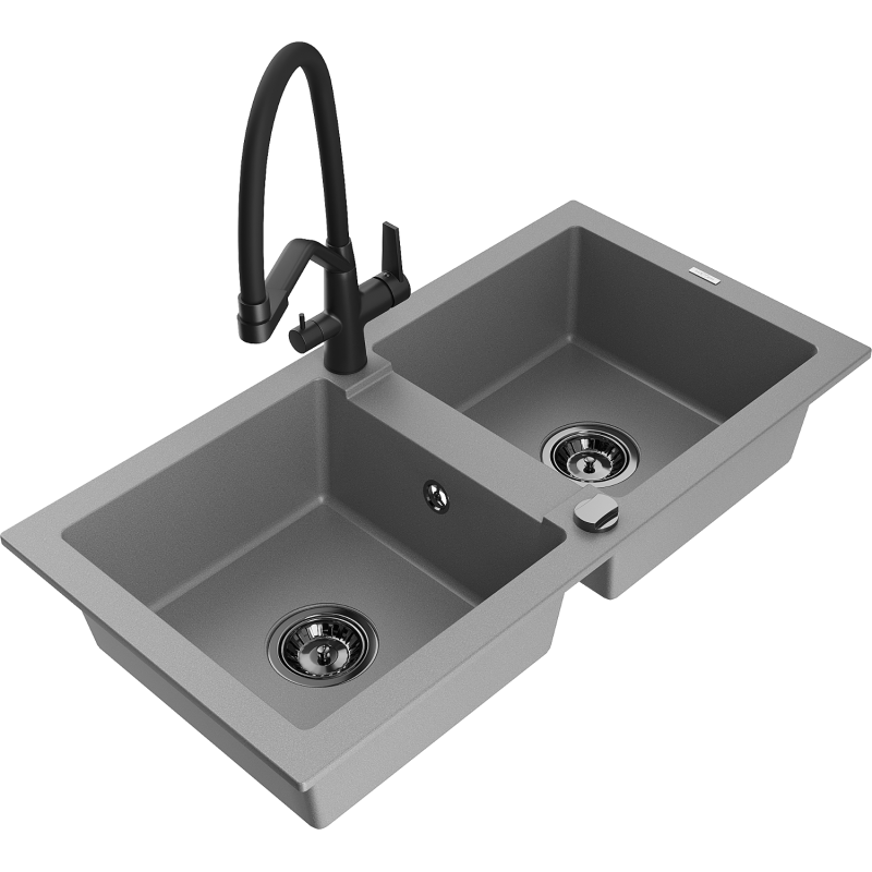 Mexen Mario granitový dřez 2-komorový s kuchyňskou baterií Duo, šedý - 6504-71-671701-70-B