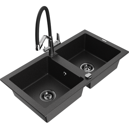 Mexen Mario granitový dřez 2-komorový s kuchyňskou baterií Duo, černý/stříbrný metalík - 6504-73-671701-07-B