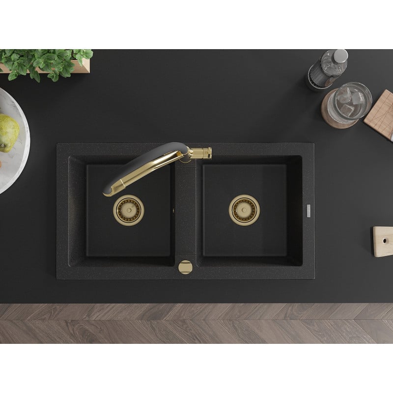 Mexen Mario granitový dřez 2-komorový s kuchyňskou baterií Duo, černý/stříbrný metalický - 6504-73-671701-57-G
