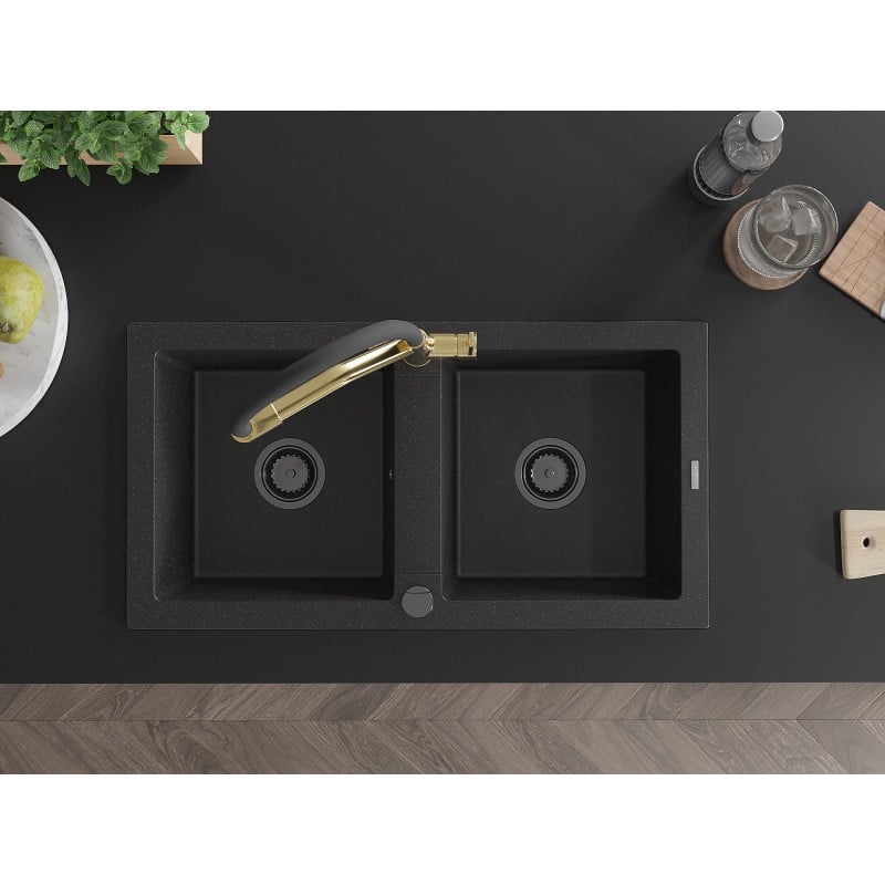 Mexen Mario dřez žulový 2-komorový s kuchyňskou baterií Duo, černý/stříbrný metalický - 6504-73-671701-57-B