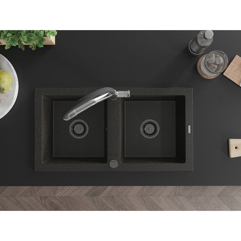 Mexen Mario žulový dřez 2-komorový s kuchyňskou baterií Duo, černý/zlatý metalik - 6504-75-671701-07-B