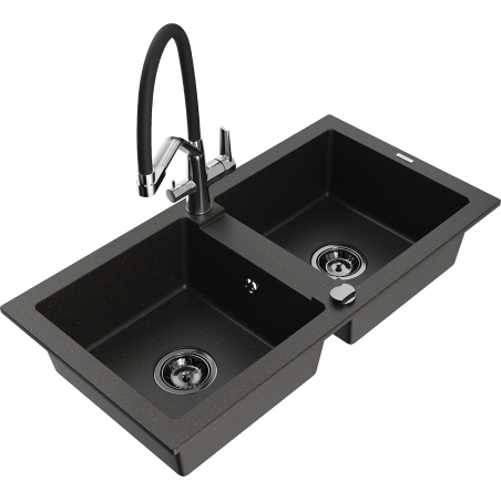 Mexen Mario žulový dřez 2-komorový s kuchyňskou baterií Duo, černý/zlatý metalik - 6504-75-671701-07-B