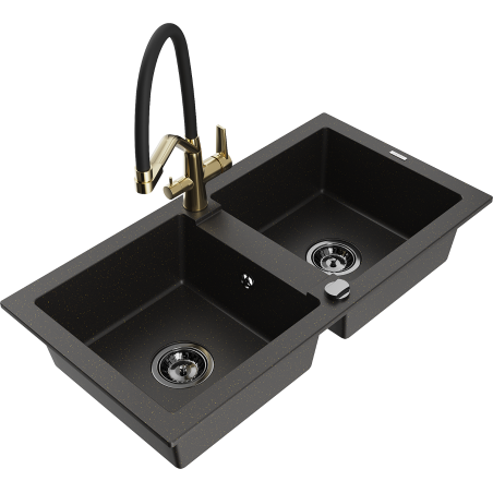 Mexen Mario granitový dřez 2-komorový s kuchyňskou baterií Duo, černý/zlatý metalik - 6504-75-671701-57-B