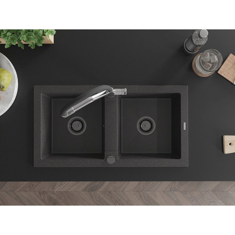 Mexen Mario dvoukomorový granitový dřez s kuchyňskou baterií Duo, černý tečkovaný - 6504-76-671701-07-B