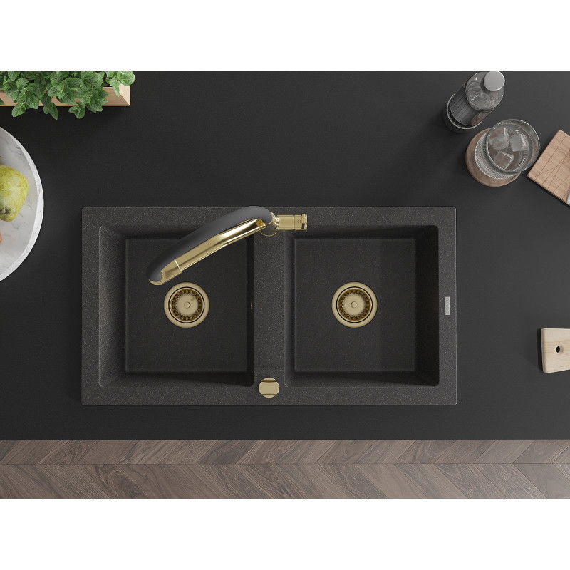 Mexen Mario granitový dřez 2-komorový s kuchyňskou baterií Duo, černý nakropený - 6504-76-671701-57-G