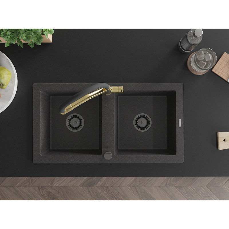 Mexen Mario dvoukomorový žulový dřez s kuchyňskou baterií Duo, černý s tečkami - 6504-76-671701-57-B
