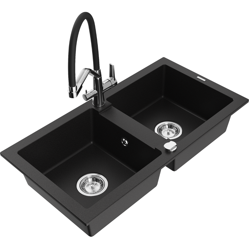 Mexen Mario granitový dřez 2-komorový s kuchyňskou baterií Duo, černý - 6504-77-671701-07