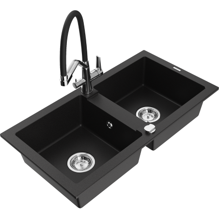 Mexen Mario granitový dřez 2-komorový s kuchyňskou baterií Duo, černý - 6504-77-671701-07