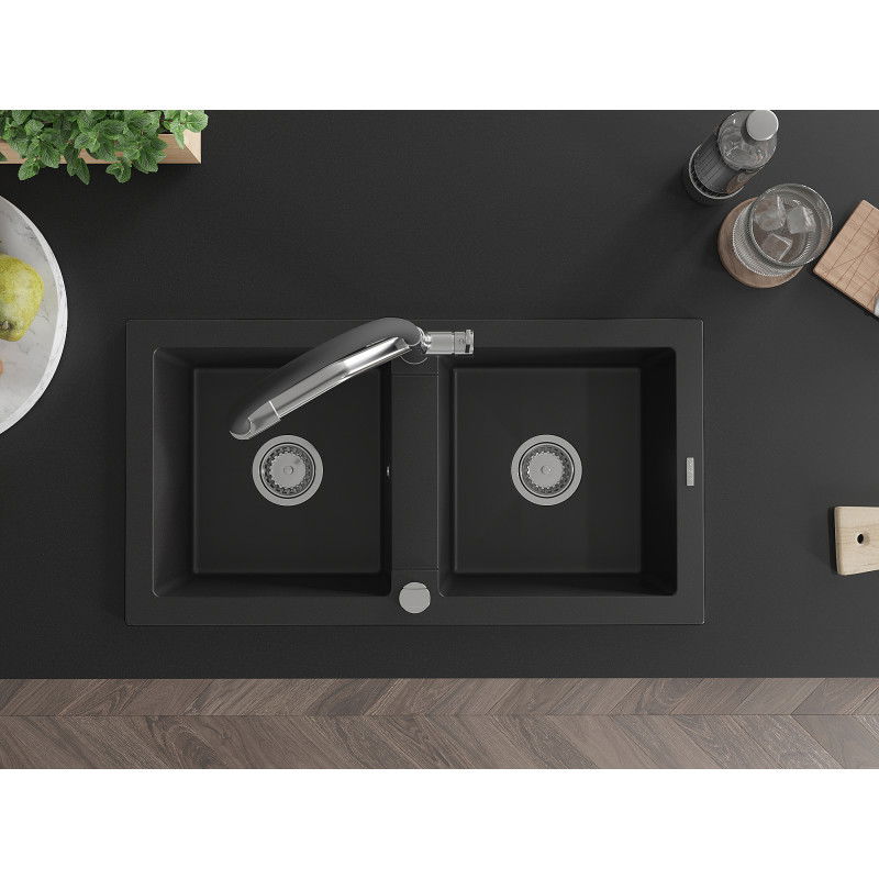 Mexen Mario granitový dřez 2-komorový s kuchyňskou baterií Duo, černý - 6504-77-671701-07