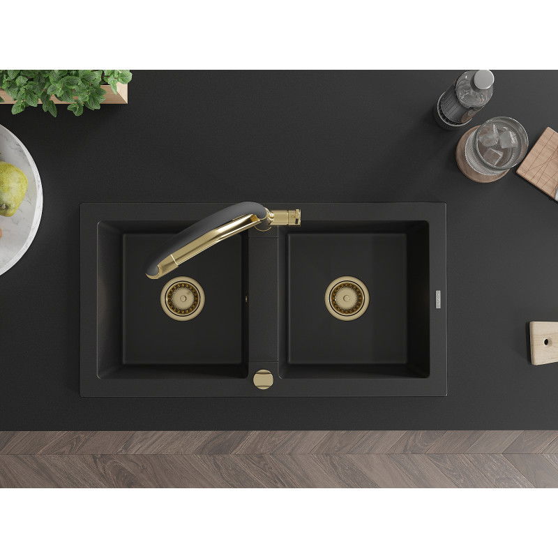 Mexen Mario granitový dřez 2-komorový s kuchyňskou baterií Duo, černý - 6504-77-671701-57-G