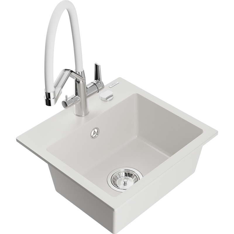 Mexen Milo granitový dřez jednodílný s kuchyňskou baterií Duo, bílý - 6505-20-671701-02