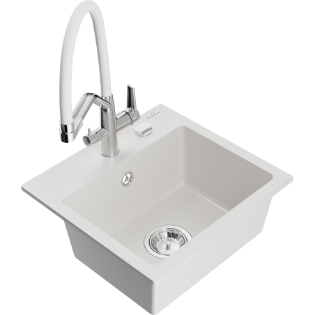 Mexen Milo granitový dřez jednodílný s kuchyňskou baterií Duo, bílý - 6505-20-671701-02
