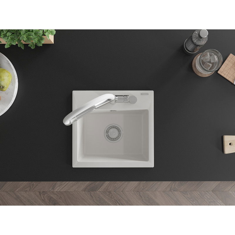 Mexen Milo granitový dřez jednodílný s kuchyňskou baterií Duo, bílý - 6505-20-671701-02