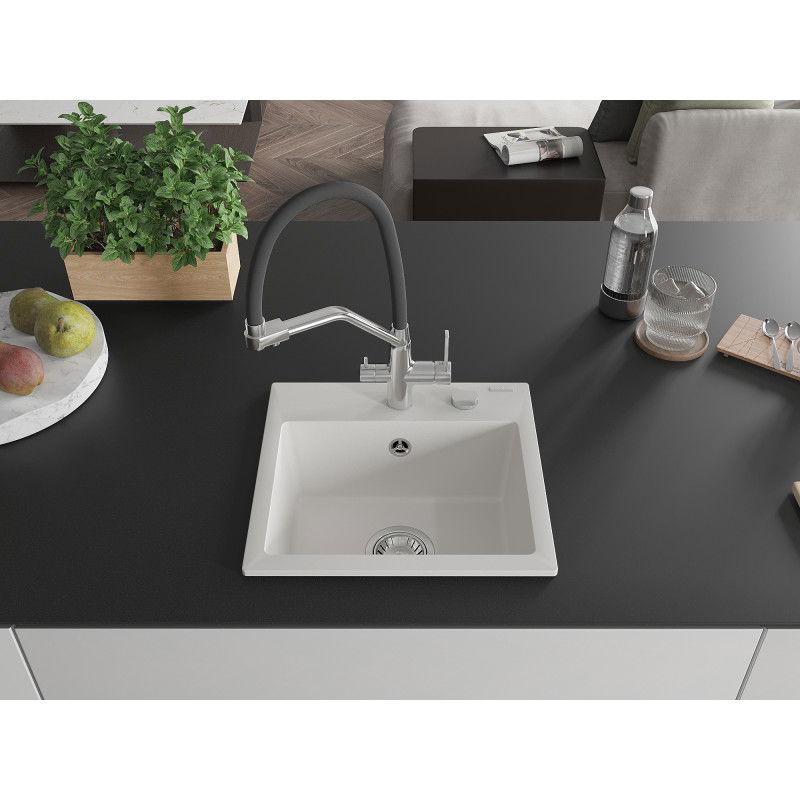 Mexen Milo granitový dřez 1-komorový s kuchyňskou baterií Duo, bílý - 6505-20-671701-07