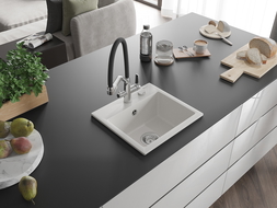 Mexen Milo granitový dřez 1-komorový s kuchyňskou baterií Duo, bílý - 6505-20-671701-07