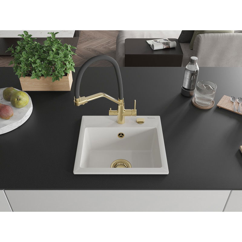 Mexen Milo granitový dřez 1-komorový s kuchyňskou baterií Duo, bílý - 6505-20-671701-57-G