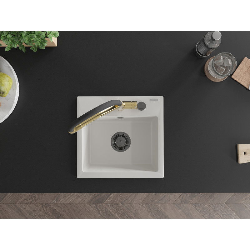 Mexen Milo granitový jednodřez s kuchyňskou baterií Duo, bílý - 6505-20-671701-57-B
