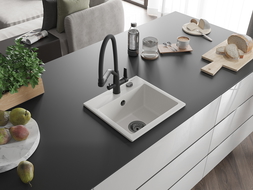 Mexen Milo granitový kuchyňský dřez 1-komorový s kuchyňskou baterií Duo, bílý - 6505-20-671701-70-B