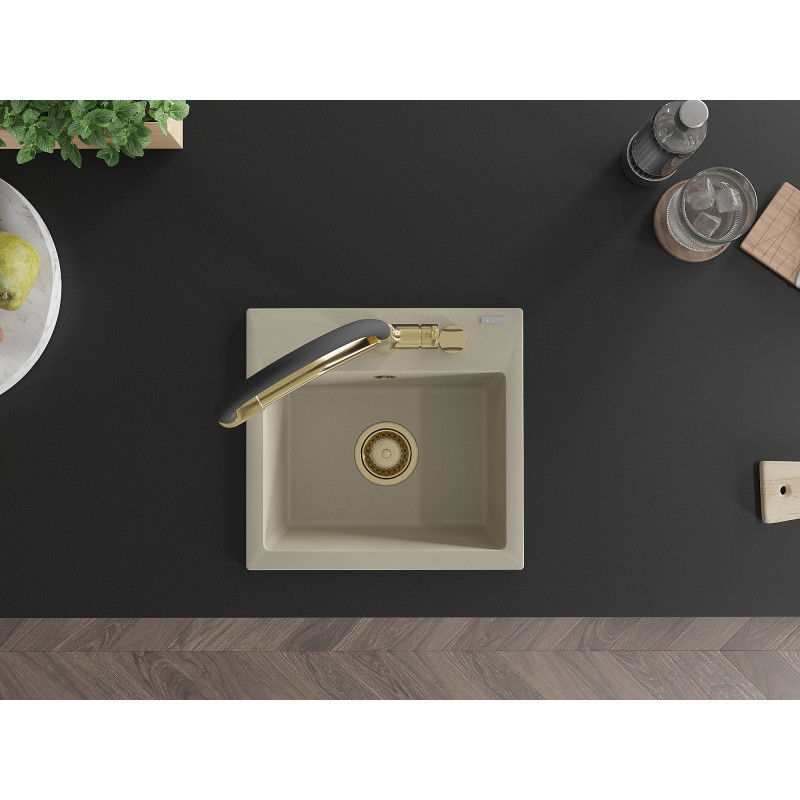 Mexen Milo granitový dřez 1-komorový s kuchyňskou baterií Duo, béžový - 6505-69-671701-57-G