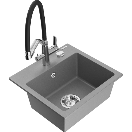 Mexen Milo granitový dřez 1-komorový s kuchyňskou baterií Duo, šedý - 6505-71-671701-07