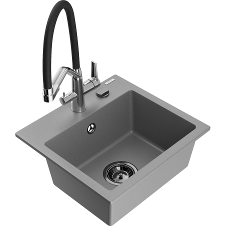 Mexen Milo granitový dřez 1-komorový s kuchyňskou baterií Duo, šedý - 6505-71-671701-07-B