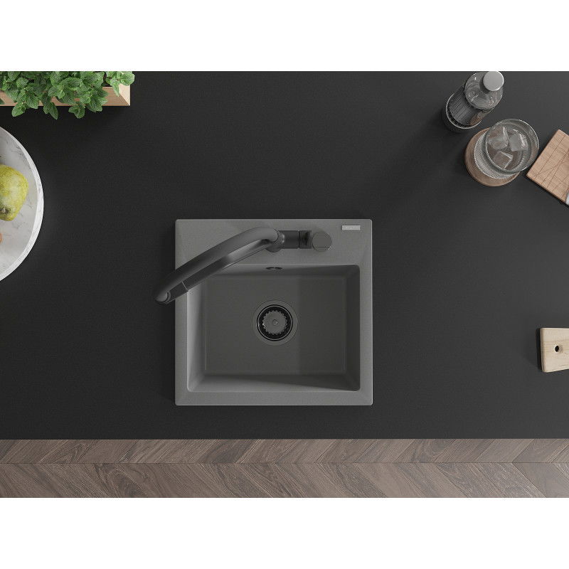 Mexen Milo granitový dřez s 1 komorou s kuchyňskou baterií Duo, šedý - 6505-71-671701-70-B