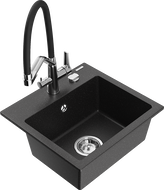 Mexen Milo granitový dřez 1-komorový s kuchyňskou baterií Duo, černý/stříbrný metalický - 6505-73-671701-07
