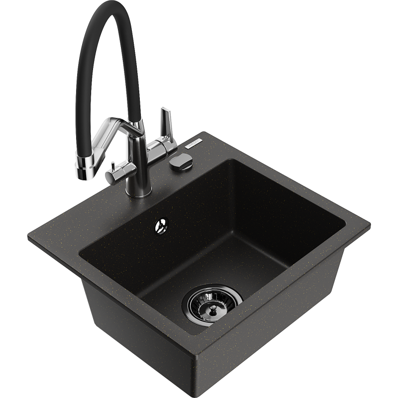 Mexen Milo granitový dřez 1-komorový s kuchyňskou baterií Duo, černá/zlatý metalík - 6505-75-671701-07-B