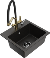 Mexen Milo granitový dřez 1-komorový s kuchyňskou baterií Duo, černý/zlatý metalík - 6505-75-671701-57-B