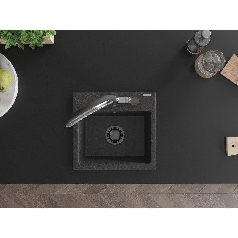 Mexen Milo granitový dřez 1-komorový s kuchyňskou baterií Duo, černý s tečkami - 6505-76-671701-07-B