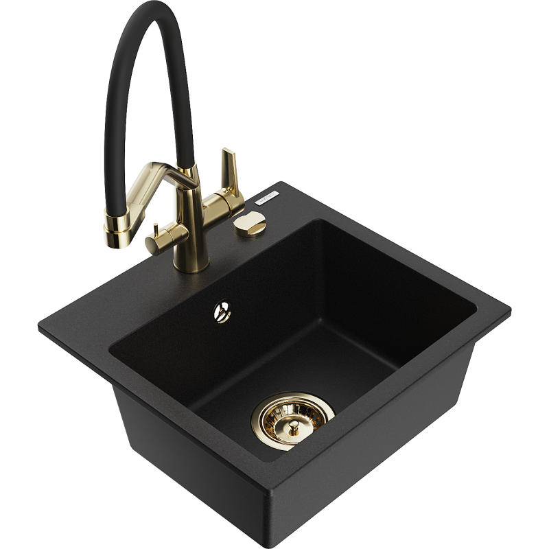 Mexen Milo granitový dřez 1-komorový s kuchyňskou baterií Duo, černý - 6505-77-671701-57-G