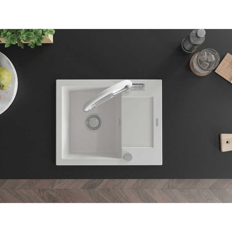 Mexen Enzo granitový dřez s 1 komorou, s odkapávačem a kuchyňskou baterií Duo, bílý - 6506-20-671701-02