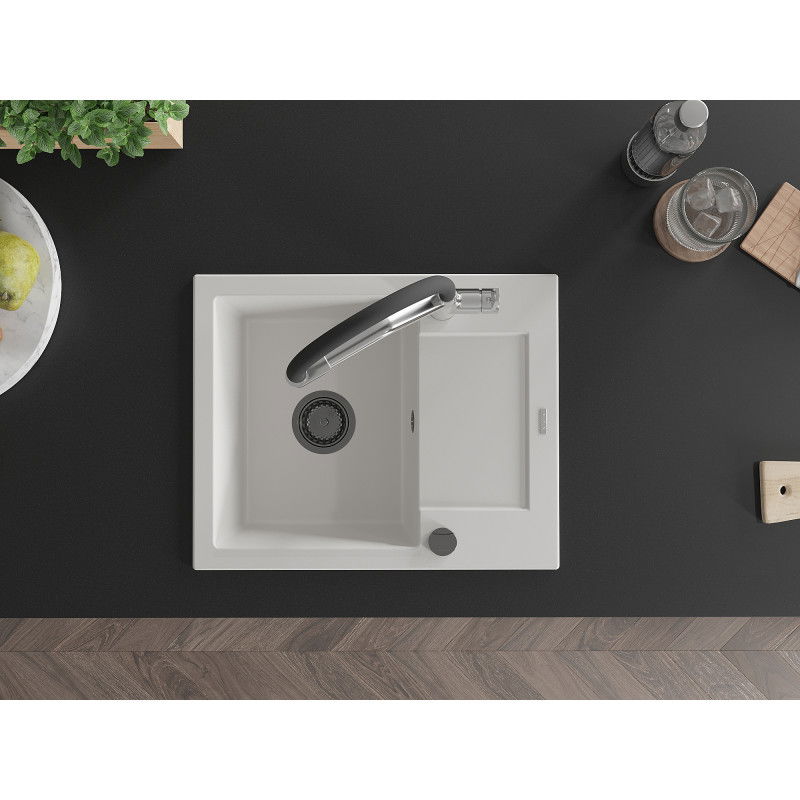 Mexen Enzo granitový dřez 1-komorový s odkapávačem a kuchyňskou baterií Duo, bílý - 6506-20-671701-07-B