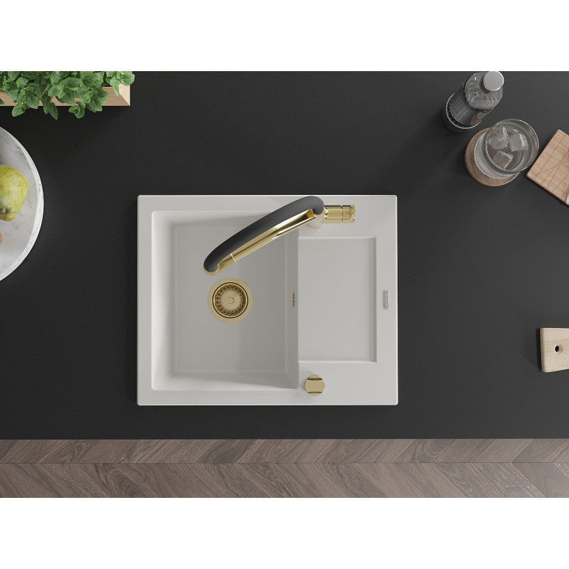Mexen Enzo granitový dřez 1-komorový s odkapávačem a kuchyňskou baterií Duo, bílý - 6506-20-671701-57-G