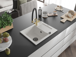 Mexen Enzo granitový dřez 1-komorový s odkapávačem a kuchyňskou baterií Duo, bílý - 6506-20-671701-57-B