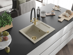 Mexen Enzo granitový dřez s 1 komorou a odkapávačem a kuchyňskou baterií Duo, béžový - 6506-69-671701-57-G