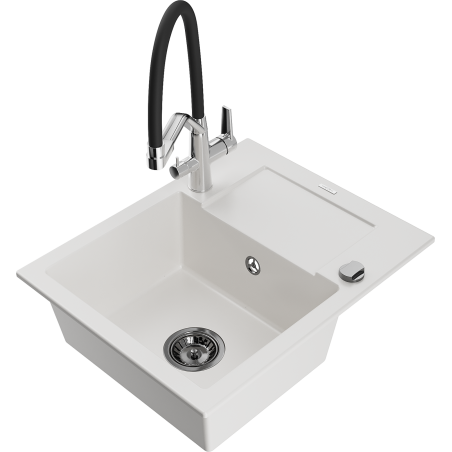 Mexen Enzo granitový dřez 1-komorový s odkapávačem a kuchyňskou baterií Duo, bílý - 6506-20-671701-07-B