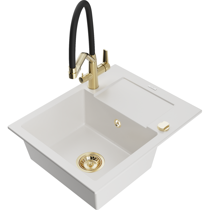 Mexen Enzo granitový dřez 1-komorový s odkapávačem a kuchyňskou baterií Duo, bílý - 6506-20-671701-57-G