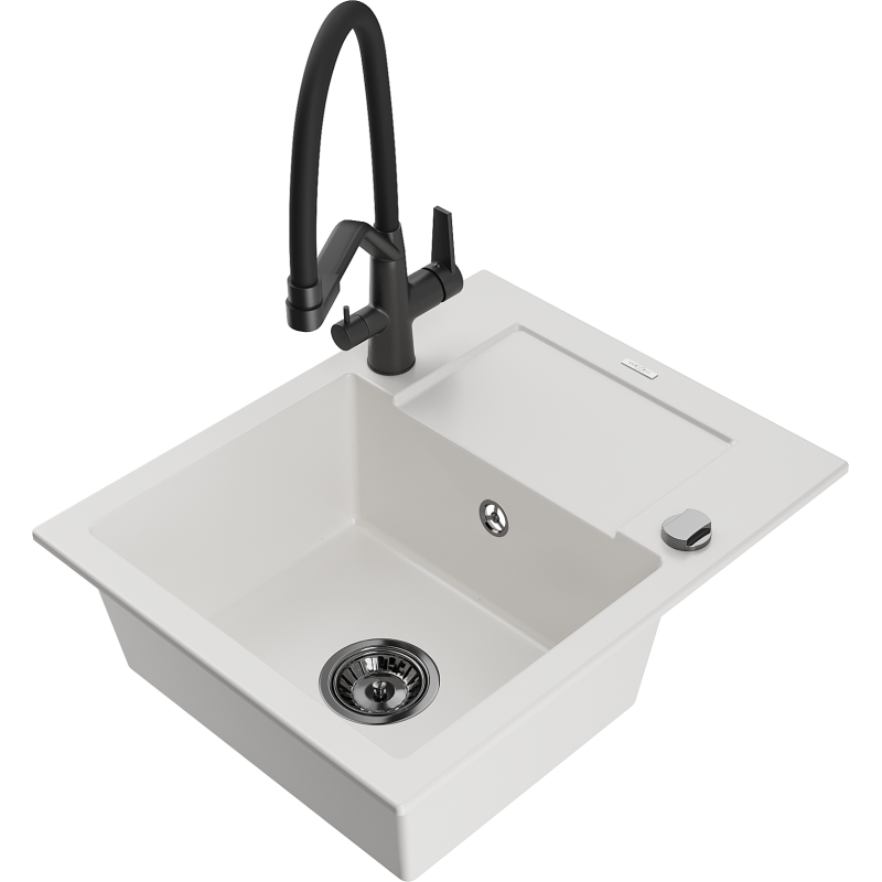 Mexen Enzo granitový dřez s jednou komorou, s odkapávačem a kuchyňskou baterií Duo, bílý - 6506-20-671701-70-B